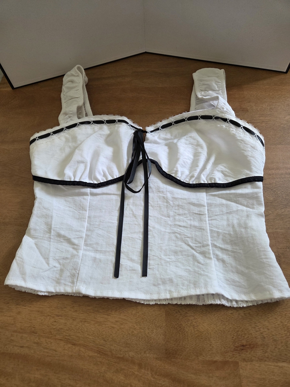 Sienna Sky White Cotton Bustier Tank with Black Trim and Tie
